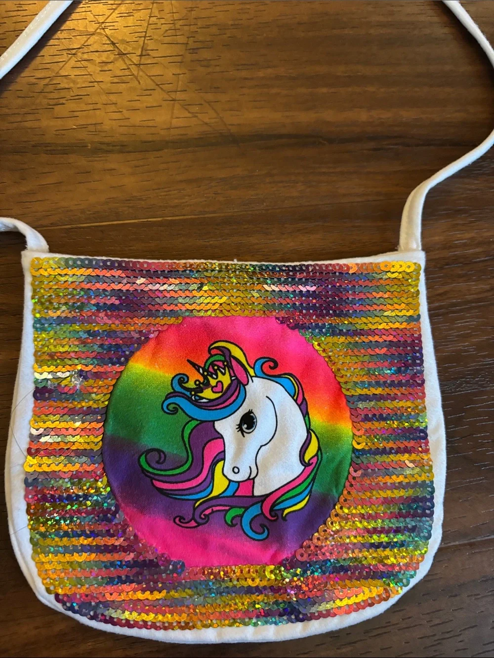 Kids Rainbow Unicorn Sequin Crossbody Bag - White Strap